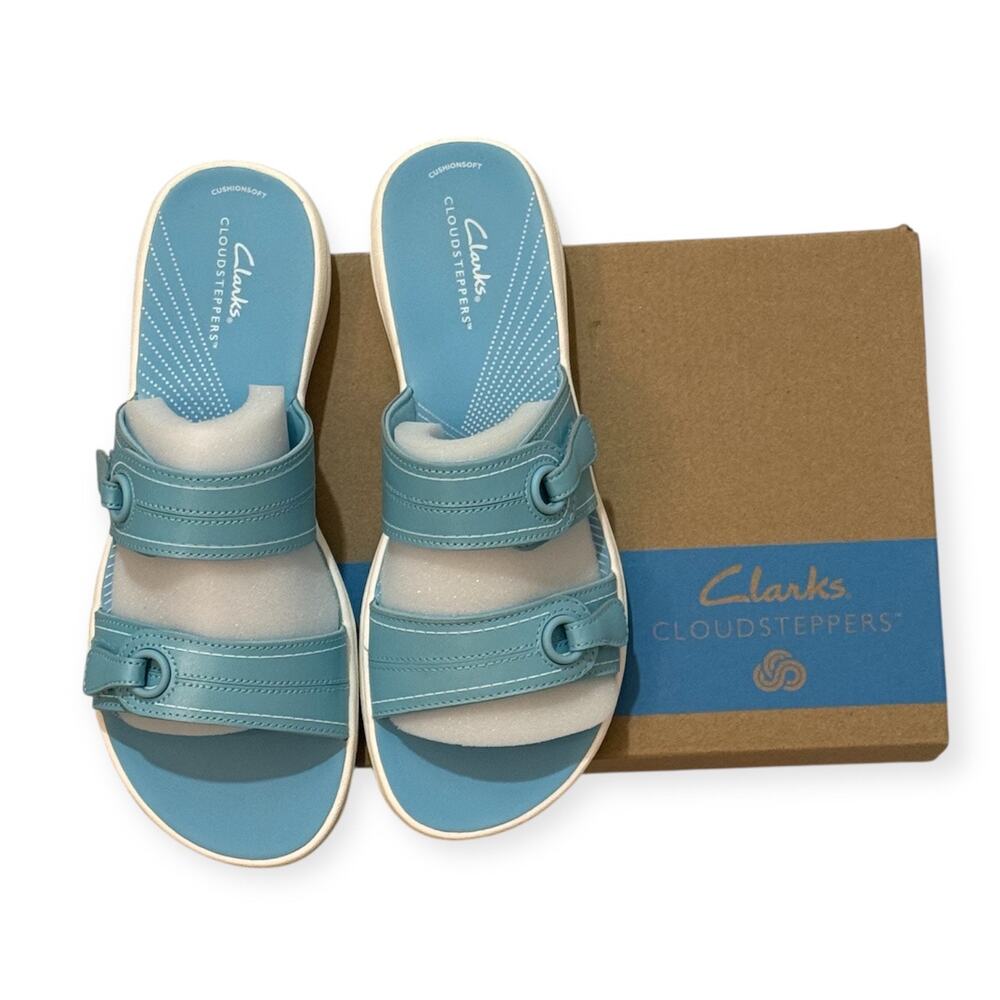 NEW Clarks 9 Breeze Maye Sky Blue Sandals Slide Cloudsteppers Comfort Walking - Picture 5 of 11